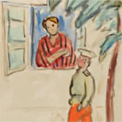 Mikhail Larionov, Soldaat pratend met vrouw aan een open raam, 1910